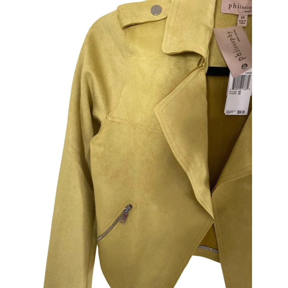 Women's L Mustard Yellow Philosophy Open Front Faux Suede Moto Jacket XS NWT - Picture 5 of 9